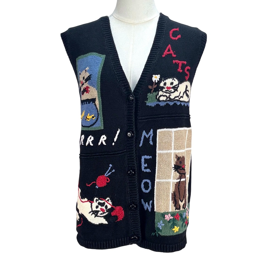 Cat Sweater Vest Black Knit Embroidered Novelty Teacher Cat Lady Grannycore 1X